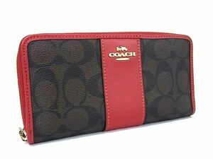 ■美品■ COACH コーチ F54630 シグネチャー PVC×レザー ラウンドファスナー 長財布 ウォレット レッド系×ブラウン系 DF8770