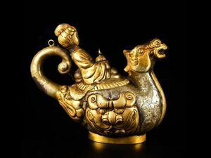 「唐代 古銅彫 塗金獣面人物馬壺」旧銅器 置物擺件 賞物 中国古美術 旧蔵出