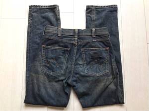 【即決】W30 ラングラー wrangler ユーズドヒゲ加工　裾チェーンステッチ仕様　ストレートジーンズ綿100% 縦落ち生地