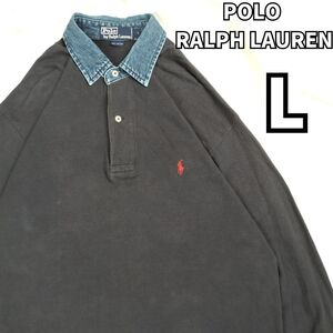 【デニム襟の絶妙アクセント】　Polo Ralph Lauren　ポロラルフローレン　ポロシャツ 長袖 ポニー刺繍 赤ポニー デニム　ネイビー　L