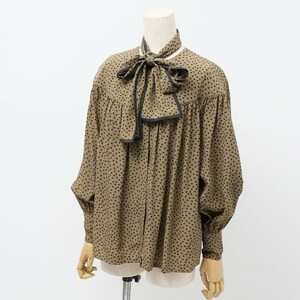 MG5631#Vintage クリスチャンディオール ChristianDior*シルク100%*ボウタイ リボン ブラウス*長袖＊スカーフ付*ドット柄/水玉*M