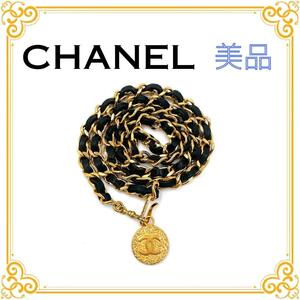 CHANEL シャネル ラムスキン チェーンベルト レディース ブラック ゴールド ココマーク ヴィンテージ レザー 黒 金色 メダルモチーフ