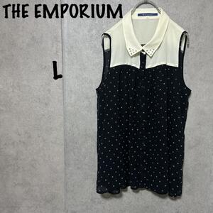 【THE EMPORIUM】（L)ノースリーブシャツ＊四角柄＊襟スタッズ＊黒