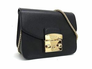 1円 ■美品■ FURLA フルラ メトロポリス レザー チェーン クロスボディ ショルダーバッグ 斜め掛け レディース ブラック系 FB6821