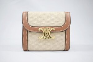 ◎ 中古品 CELINE セリーヌ スモール フラップウォレット トリオンフ テキスタイル&カーフスキン ナチュラル/タン 三つ折り財布 ベージュ