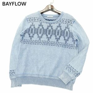 BAYFLOW ベイフロー 通年 ネイティブ柄★ ウォッシュ加工 インディゴ コットン ニット セーター Sz.2　メンズ　A3T14923_C#L