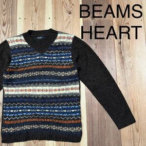 BEAMS HEART ビームスハート ニットセーター Vネック ウール混 柄物 ブラウン サイズM 玉mc2666