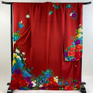 振袖 身丈170cm 裄丈69cm L 袷 草花 金彩 赤 正絹 名品 【中古】