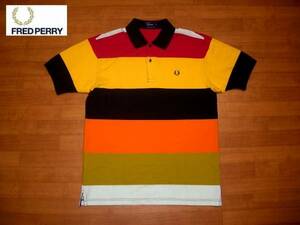 #古着屋大和 ブランド古着 セール中 即決 送料無料 英国企画 FRED PERRY フレッドペリー マルチボーダー ウォッシュ加工 半袖 ポロシャツ M