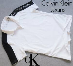 新品★カルバンクライン★ホワイト ポロシャツ★肩ロゴプリント★ブラック ライン ニットシャツ 白 XL★CALVIN KLEIN☆235