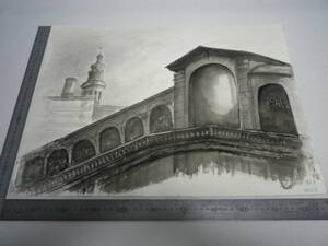 「イタリア ヒヤルト橋 ～ 松江城(裏表描画)」水墨画【坂垣内 将泰】作者直筆原画「真作」P10号ハーネミューレ紙(経年保管品)送料無料 0133