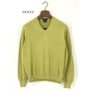 A8830/美品 春夏 GUCCI グッチ コットン100% 無地 長袖 Vネック ニット リブ セーター 50 M L程 黄緑 イタリア製 メンズ カーディガン