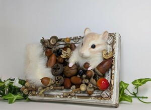 【白シマリスと木の実】白リス 羊毛フェルト ハンドメイド　シマリス　りす　小動物