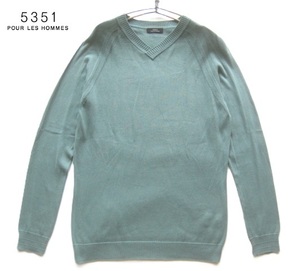 美品日本製!!5351プールオム 5351POUR LES HOMMES*美シルエット Vネックコットンニットセーター 46 実寸M アッシュグリーン 緑