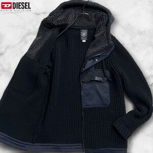 極美品/L相当●DIESEL ディーゼル ローゲージ ワッフルニット パーカー フード ジャケット ボア メランジウール 厚手 メンズ ブラック ロゴ