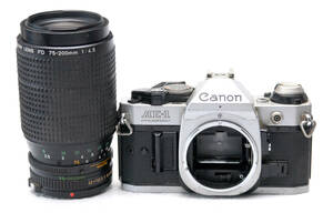 Canon キャノン 昔の高級一眼レフカメラ AE-1PROGRAMボディ + 純正75-200mm高級レンズ付 希少品 ジャンク