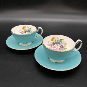 SW0114-9-4-4 AYNSLEY エインズレイ カップ＆ソーサー 2客セット イングランド 花柄 ブルー W9 H6(カップ)W14 H2(ソーサー) 60サイズ