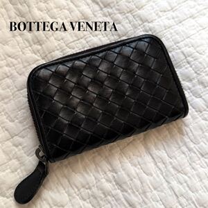 美品ボッテガヴェネタ BOTTEGA VENETA ラウンドファスナー コインケース カードケース 小銭入れ イントレチャート レザー ブラック　黒