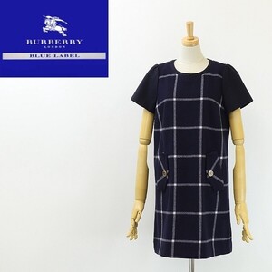 ◆BURBERRY BLUE LABEL バーバリー ブルーレーベル チェック柄 ウール 半袖 ワンピース 紺 ネイビー×ホワイト 38