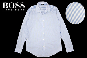 Y-6742★送料無料★美品★HUGO BOSS ヒューゴボス SLIM FIT 10187930★正規品 メンズ男 ブルー青色 ストライプ 長袖 ドレス シャツ Ｌ