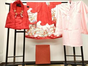 平和屋2■七五三　女の子　3歳　祝着・長襦袢（単衣・半衿刺繍）・被布セット　鼓草花文　金彩　DAAH2967ud