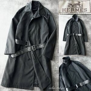 【E4416】美品！HERMES エルメス《最高級レザーベルト仕様！》グレンチェック 防塵撥水素材 ロング コート 超美色 ダークグレー×黒レザー