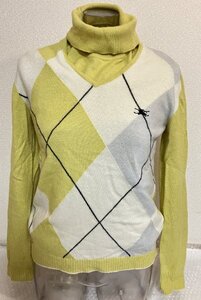 【BURBERRY GOLF 】レディース 長袖トップス タートルネック セーター Mサイズ アーガイル柄 黄緑色 バーバリー ロンドン 三陽商会 貴231三