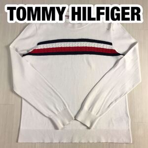 TOMMY HILFIGER トミー ヒルフィガー コットンニット ケーブルニットデザイン セーター M ホワイト×レッド×ネイビー 刺繍ロゴ