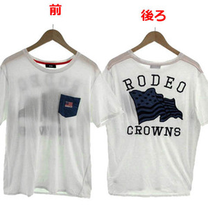 ロデオクラウンズワイドボウル RODEO CROWNS WIDE BOWL RCWB Tシャツ ポケT 胸ポケ 半袖 丸首 ロゴ刺繍 星条旗 コットン混 白 青 XL