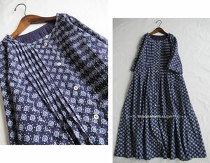 :::ハンドメイド　cotton プリント　ネイビー　前開　タックop　 :::