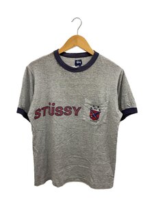 STUSSY◆USA製/ポケット/リンガーTシャツ/S/コットン/GRY/プリント