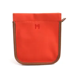 良品★HERMES エルメス カマイユ コットン100％ シルバー金具 Hロゴ刺繍 レザー使い ポーチ オレンジ カマイユPM フランス製 レディース