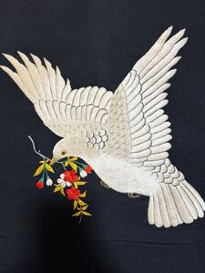 日本刺繍 鳩 セミアンティーク名古屋帯 黒地 鳥 手刺繍 逸品 大正ロマン 正絹