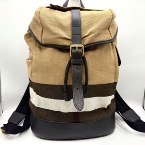 ◎未使用級◎ BURBERRY バーバリー バックパック リュックサック バッグ メガチェック ノバチェック メンズ 大容量 麻 キャンバス レザー