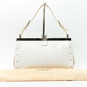 【1円スタート】LOEWE ロエベ がま口 ハンドバッグ 手提げ 婦人鞄 ショルダー スタッズ ホワイト 白 ベージュ シルバー金具 レザー