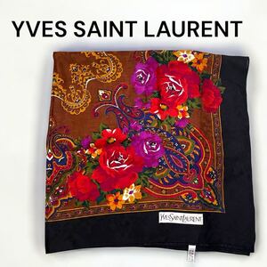 1円～ YVES SAINT LAURENT イヴサンローラン 大判 ストール 毛70% 絹30% 約107×107cm 花 フラワー マルチカラー レディース ヴィンテージ