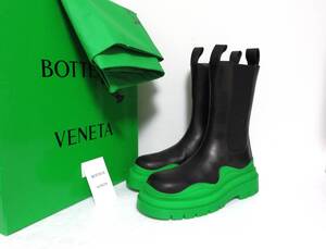 送料無料 新品 BOTTEGA VENETA TIRE BOOT 39 ブラック グリーン イタリア製 ボッテガ ヴェネタ タイヤ チェルシー ブーツ 630297VBS50