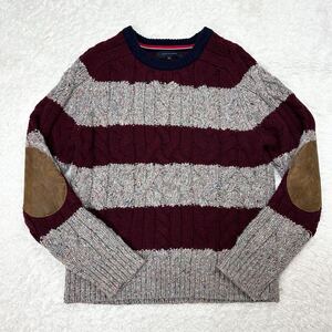 TOMMY HILFIGER 【伝わる温もり】 トミーヒルフィガー　ニット　セーター　カラーネップ　ケーブル編み　エルボーパッチ　シルク　牛革　XL