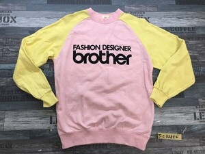 SAN LUIS メンズ brother ビッグプリント入 やや薄手 綿 バイカラー ラグラン トレーナー 黄色ピンク