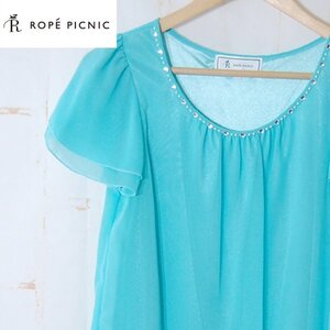 ロペピクニック ROPE PICNIC■ティアードスリーブ　半袖カットソー　ビジュー付きラウンドネック/クリーニング済■38■ブルー ※IW4412006