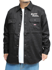 【新品】 2L ブラック [GENUINE DICKIES] ワークシャツ メンズ 大きいサイズ ポケット切替 ツイル デニム ヒッコリー 長袖シャツ