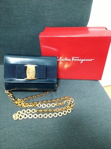 箱・保存袋付★Salvatore Ferragamo★フェラガモ★ヴァラリボン★チェーンショルダーバッグ★濃紺・ネイビー★スムースレザー★本革