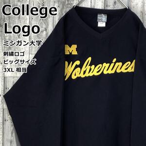 【美品】ミシガン大学 カレッジロゴ 刺繍ロゴ ビッグロゴ 3XL 大きいサイズ 紺×黄 プルオーバー ナイロンジャケット ブルゾン 90s