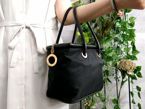 超美品●CELINE セリーヌ●サークルロゴ●ナイロン カーフ レザー 本革●ハンド バッグ●黒●ゴールド金具●腕掛け●ヴィンテージ●Js46895