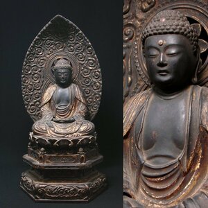 慶應◆時代仏教美術 室町時代 木造漆箔釈迦如来坐像 寄木造・玉眼 美しい時代仏像