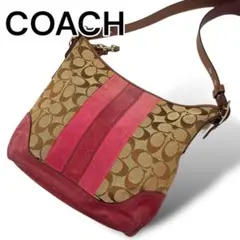 COACH ショルダーバッグ シグネチャー ベージュ×ボルドー キャンバス