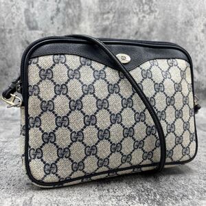 極美品 GUCCI グッチ GGスプリーム ショルダーバッグ ヴィンテージ ネイビー ベージュ インターロッキング レザー 本革 PVC 金具 ロゴ