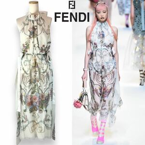 m58 美品 FENDI フェンデイ 2017 ホルターネック ドレス ワンピース シフォン フェミニン シルク 100% フォーマル 38 花柄 ドレス 正規品　