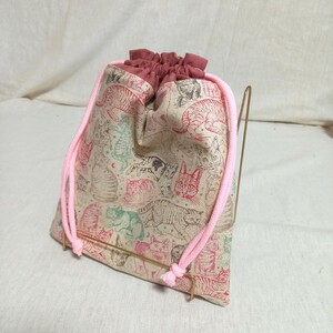 手作り☆保冷保温巾着袋☆20×24cm☆ベージュとピンクのねこちゃん