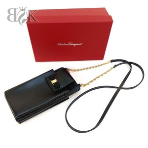 フェラガモ ヴァラ レザー リボン スマホショルダー ポーチ 斜めがけ ブラック カードケース付き Ferragamo 中古 ★